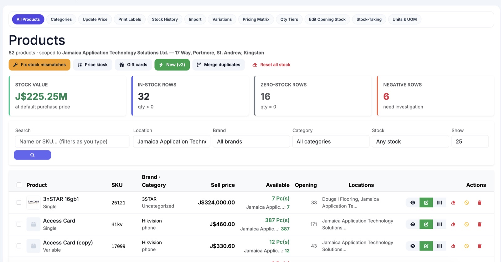 Inventory software Jamaica — JATSApp products and stock value screen